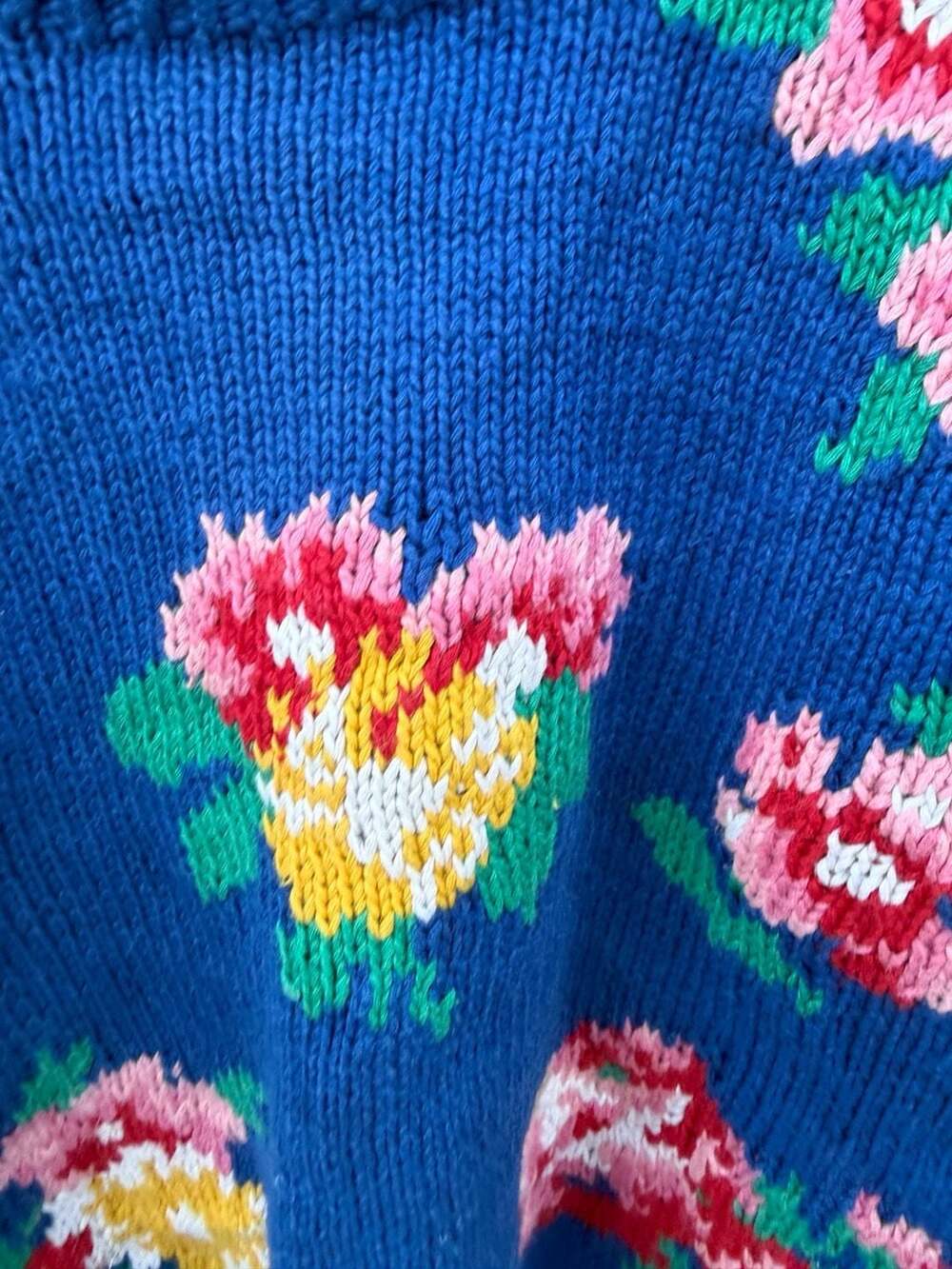 Adrienne Vittadini Vintage Floral Knit Sweater Blue Size S Plaid Cuffs - Picture 3 of 5